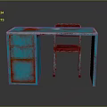 Vintage Distressed Desk And Chair With Turquoise Red Finish Drawer Metal Legs Upholstered Seat