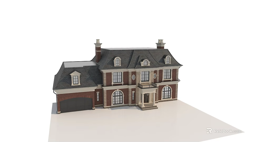 Elegant Detached House With Red Brick Exterior Dark Roof And Arched Windows 3d model 