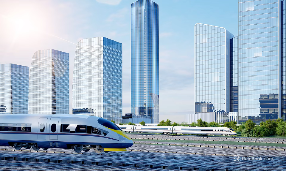Modern Glass Facade Office Buildings With Bullet Train In Urban Cityscape 3d model 