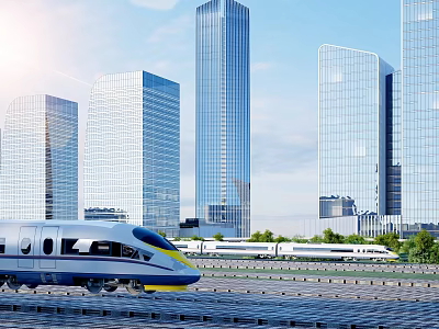 Modern Glass Facade Office Buildings With Bullet Train In Urban Cityscape 3d model