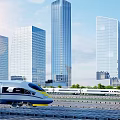 Modern Glass Facade Office Buildings With Bullet Train In Urban Cityscape