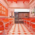 Vibrant Orange Red Restaurant Interior With Checkered Floor Tiles Tables Chairs Decorative Artworks And Refrigerator