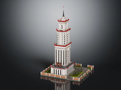 White and Red Tower Architecture with Spire Flag Base Green Plants and Square Area 3d model