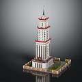 White and Red Tower Architecture with Spire Flag Base Green Plants and Square Area 3d model