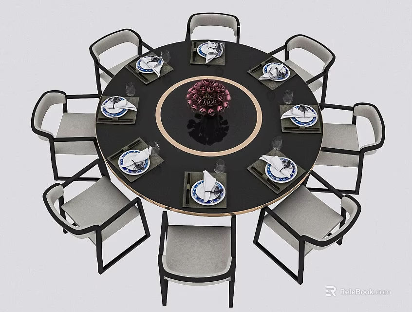 Round Dining Table Setup With Eight Chairs Tableware And Center Decoration 3d model