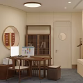 Chinese Style Hotel Lobby With Circular Reception Desk Patterned Lattice Backdrop And Wooden Chairs