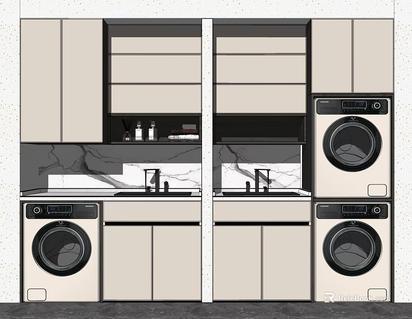 Modern Bathroom Cabinet Design With Double Sink Washing Machine And Storage Units 3d model 