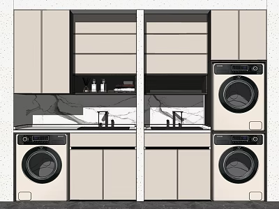 Modern Bathroom Cabinet Design With Double Sink Washing Machine And Storage Units 3d model