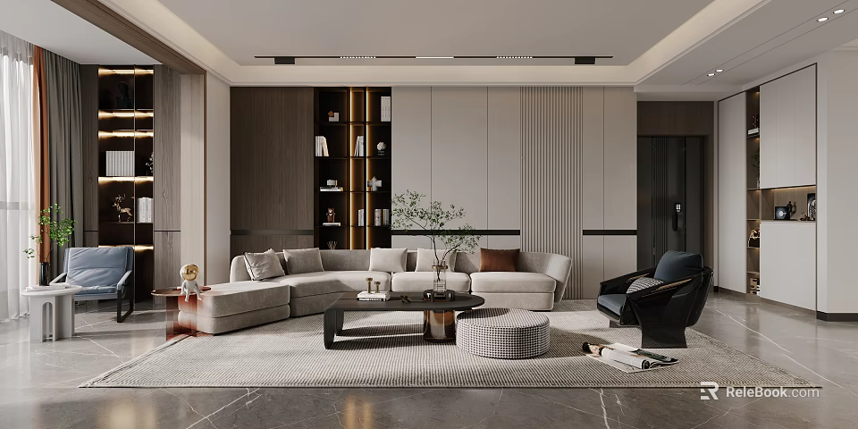 Modern Living Room Interior With L Shaped Sofa Coffee Table Green Plant And Bookshelf 3d model 