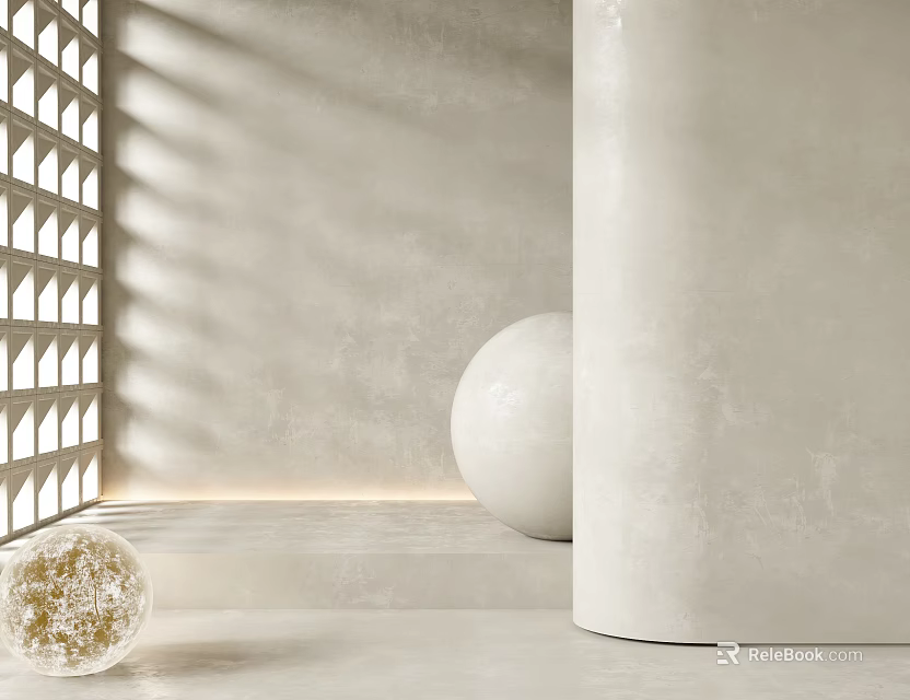 Minimalist Modern Interior With White Column Sphere And Grid Window Casting Light Shadows 3d model