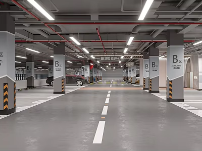 Indoor Parking Garage With B Signs Columns White Floor Lines And Ceiling Lighting 3d model