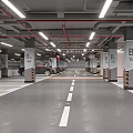 Indoor Parking Garage With B Signs Columns White Floor Lines And Ceiling Lighting