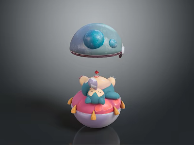 Cute Character And Pink Creature With Blue Planet Hat Yellow Feet And Red Decoration 3d model
