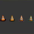 Four Orange And White Striped Traffic Cones Arranged On Gray Background Surface