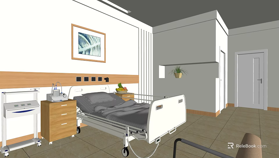 Hospital Room Interior Featuring Medical Bed Bedside Cabinet Wall Painting And Potted Plant 3d model 