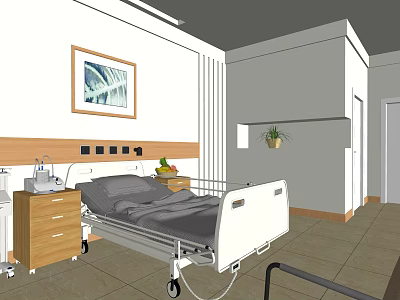 Hospital Room Interior Featuring Medical Bed Bedside Cabinet Wall Painting And Potted Plant 3d model