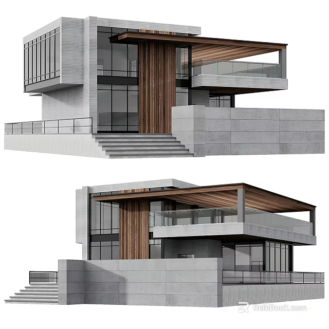 Modern Architectural Design Featuring Concrete Glass Wooden Elements Balconies And Steps 3d model 