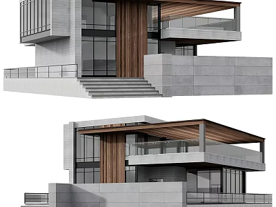 Modern Architectural Design Featuring Concrete Glass Wooden Elements Balconies And Steps 3d model