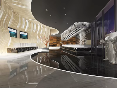 Modern Shop Front Desk With Curved Wooden Walls Dual Screen TVs And Marble Flooring 3d model