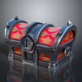 Vintage Decorative Storage Chest With Red Gold Patterns Black Metal Frame And Spiked Accents