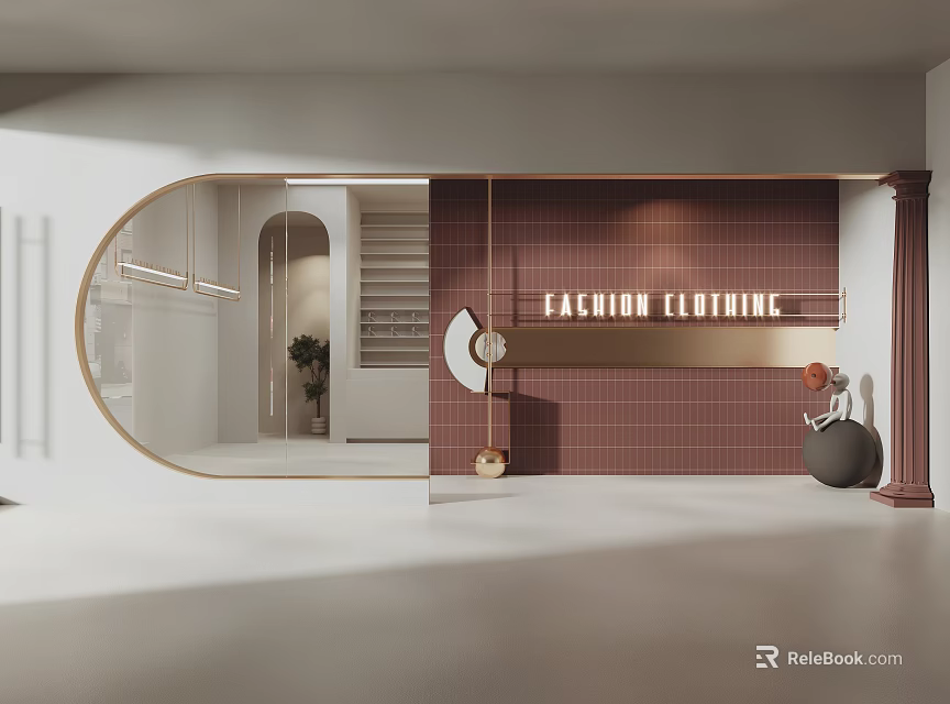 Modern Fashion Clothing Store Interior With Arched Mirror Red Tile Wall And Golden Decor 3d model 