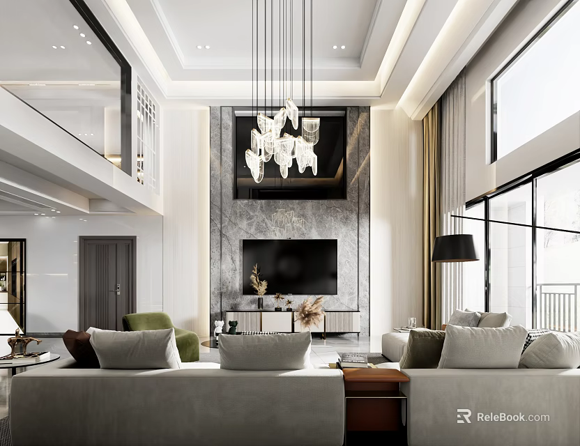 Modern Loft Living Room With Chandelier Cozy Sofas And Large Windows 3d model