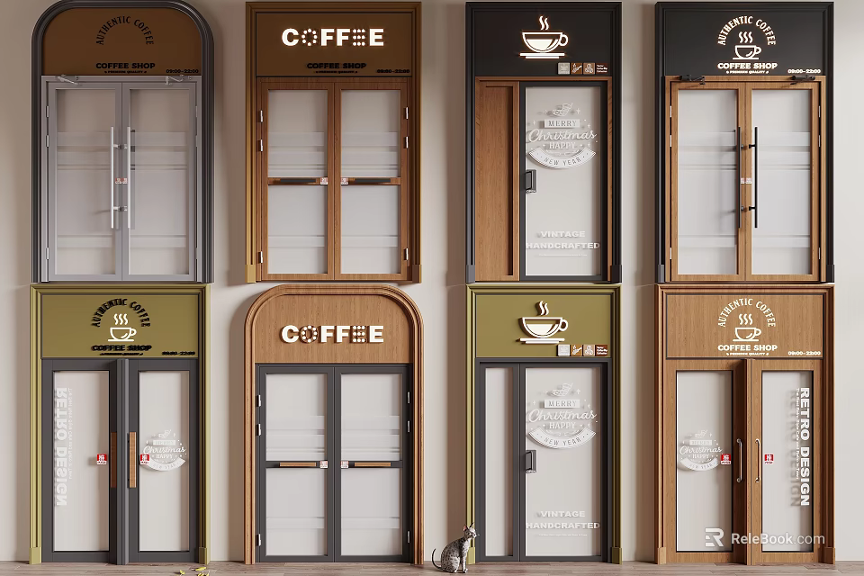 Coffee Shop Entrance Double Doors With Various Modern Wooden And Glass Design Styles 3d model 