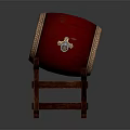 Traditional Red Musical Drum With Decorative Patterns On Leather Drumhead And Wooden Stand