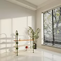 Modern Metal Shelving Unit With Wooden Top In Bright Interior Featuring Plant And Window Blinds