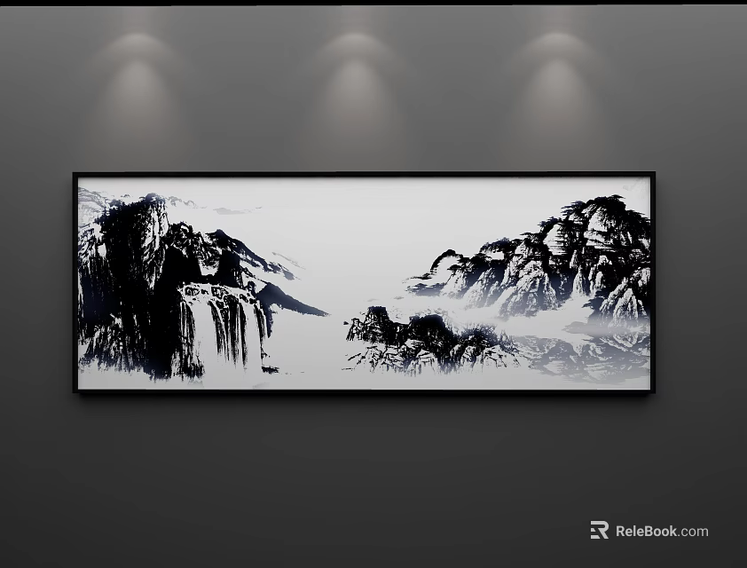 Black and White Ink Wash Landscape Painting Hanging on Wall with Mountains Waterfall Rocks Spotlights 3d model 