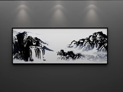 Black and White Ink Wash Landscape Painting Hanging on Wall with Mountains Waterfall Rocks Spotlights 3d model