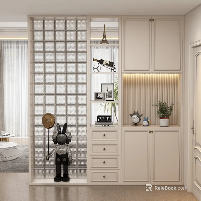 Modern Entryway Cabinet and Side Cabinet with White Finish Drawers Lighting Potted Plant and Decorations 3d model 