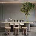 Modern Minimalist Desk Design With Indoor Tree Three Stools And Tabletop Decorations 3d model