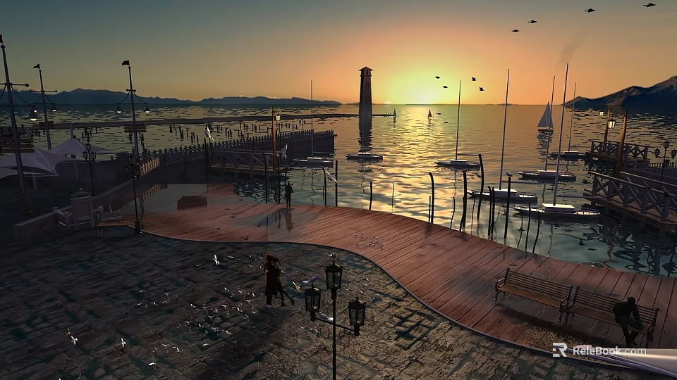 Beautiful Sunset Scenery At Marina With Lighthouse Sailboats Calm Water And Wooden Deck 3d model 
