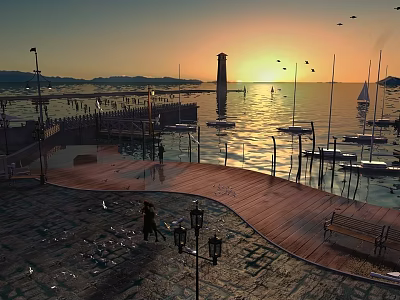 Beautiful Sunset Scenery At Marina With Lighthouse Sailboats Calm Water And Wooden Deck 3d model