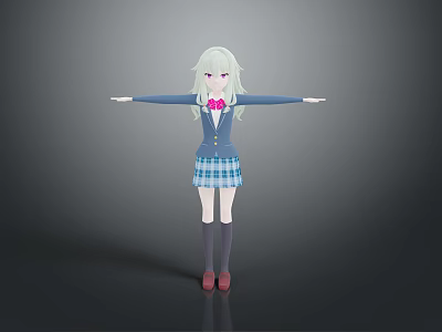 Anime Girl Character With Light Green Hair In Blue School Uniform And Pink Bow 3d model