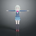 Anime Girl Character With Light Green Hair In Blue School Uniform And Pink Bow