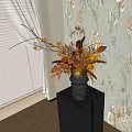 Orange Red Flowers in Vase on Black Cube Table with Floral Wallpaper and Window Curtains