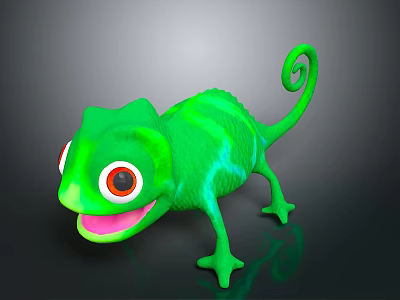 Green Reptile Chameleon With Red Eyes Open Mouth And Curled Tail 3d model