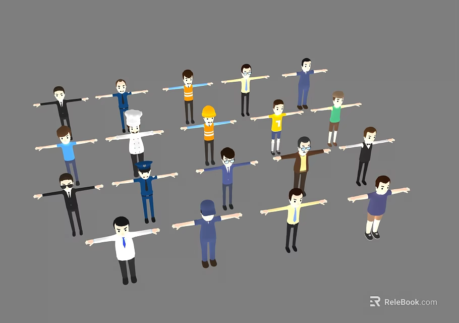 Multiple Cartoon Game and Movie Characters with Diverse Professions and Outfits Standing Arms Outstretched 3d model 