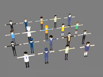 Multiple Cartoon Game and Movie Characters with Diverse Professions and Outfits Standing Arms Outstretched 3d model