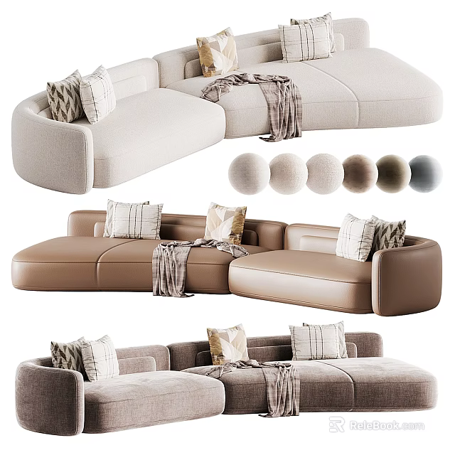 Comfortable Sectional Sofa With Beige Brown Gray Color Options Decorative Pillows And Throw Blankets 3d model 