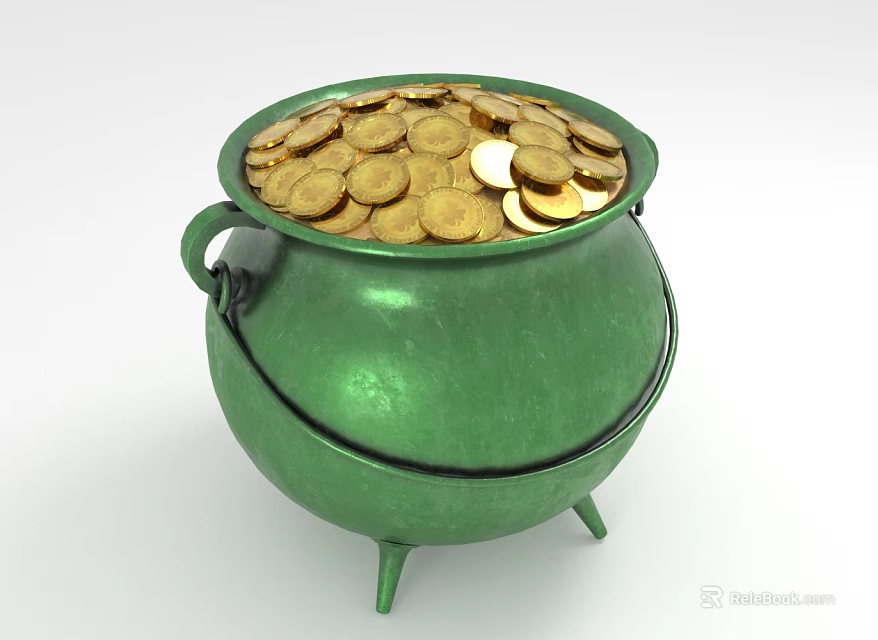 Green Enamel Cauldron Filled With Sparkling Jewelry And Precious Gemstones 3d model 