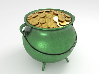 Green Enamel Cauldron Filled With Sparkling Jewelry And Precious Gemstones 3d model