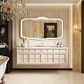Elegant White Bathroom Vanity With Mirror Faucet Vase And Wooden Wall Decor