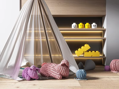 White Kids Tent With Knitted Sheep Yarn Balls By Lit Wooden Shelf And Lego Blocks 3d model