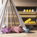 White Kids Tent With Knitted Sheep Yarn Balls By Lit Wooden Shelf And Lego Blocks