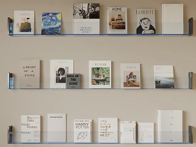 Assorted Books And Magazines On Glass Shelves With Diverse Cover Designs And Light Colored Walls 3d model