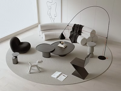 Modern Curved Sofa and Coffee Table Set with Round Table Soft Fabric and Minimalist Rug 3d model