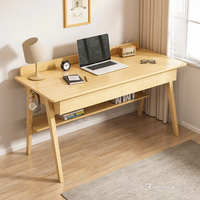 Modern Wooden Desk with Laptop Lamp Alarm Clock Glasses Notepad and Books on Shelf 3d model 